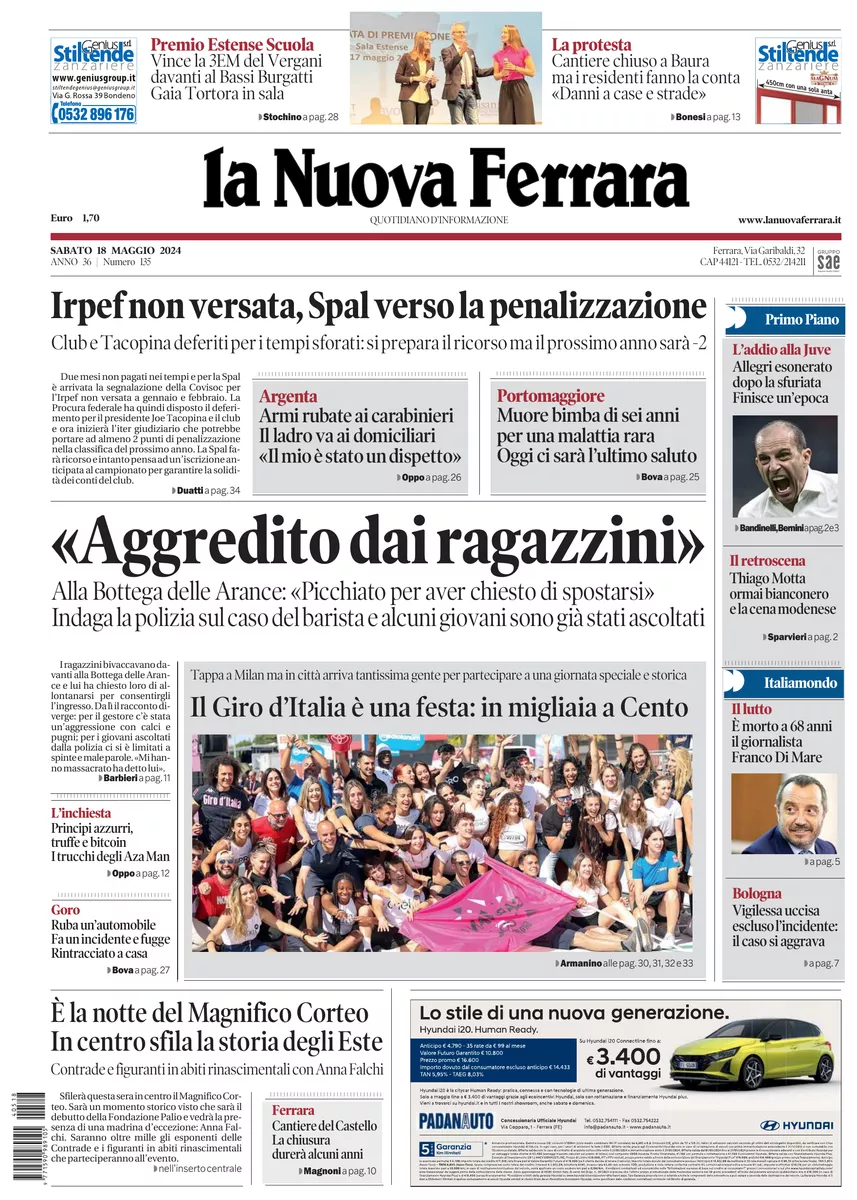 Prima-pagina-nuova ferrara-oggi-edizione-del-2024-05-18